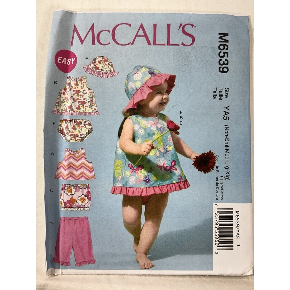 McCall's M6539 Infant Baby Sewing Pattern NB-XL Top Bloomers Hat Pants